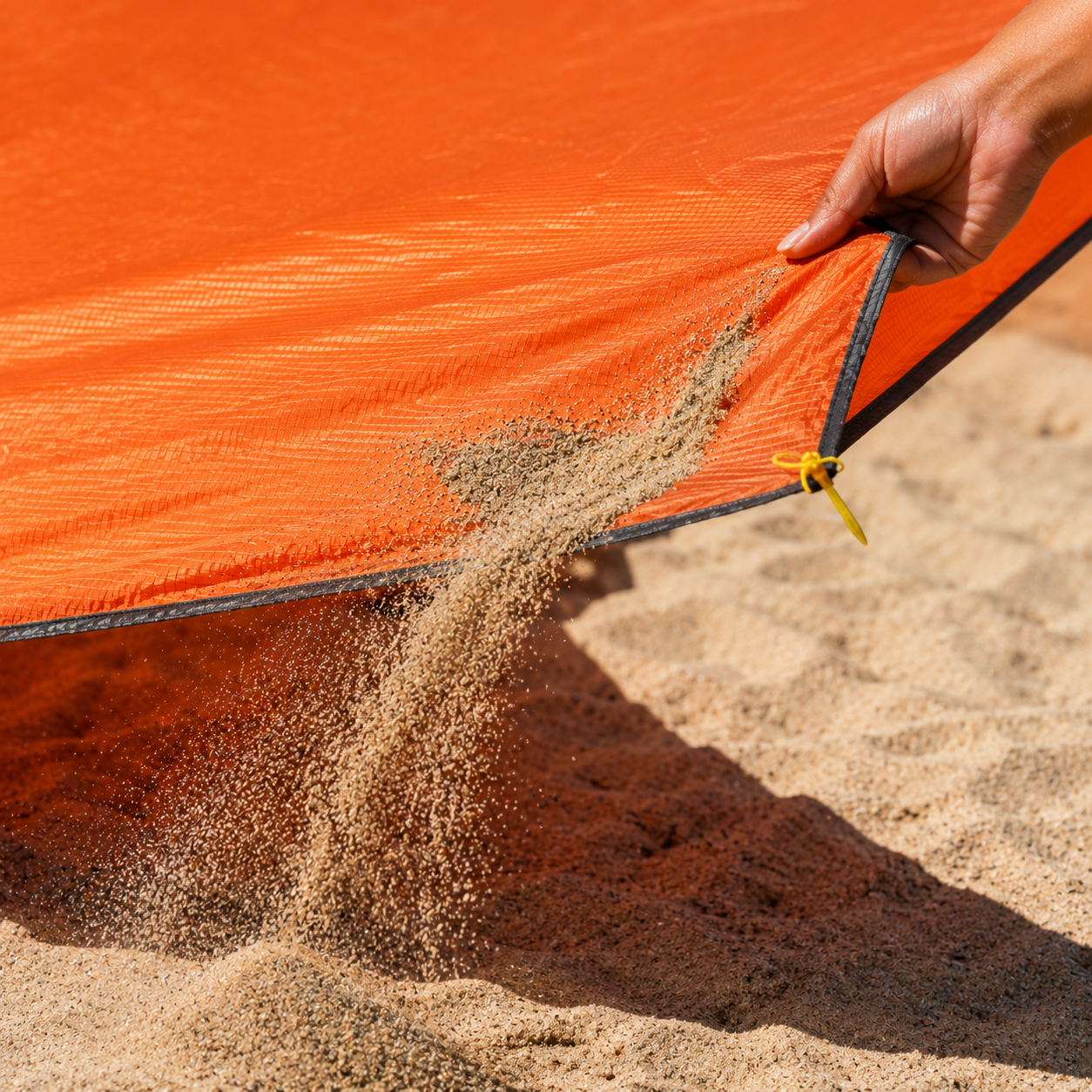 "Sand falling through SandFree beach blanket mesh weave"